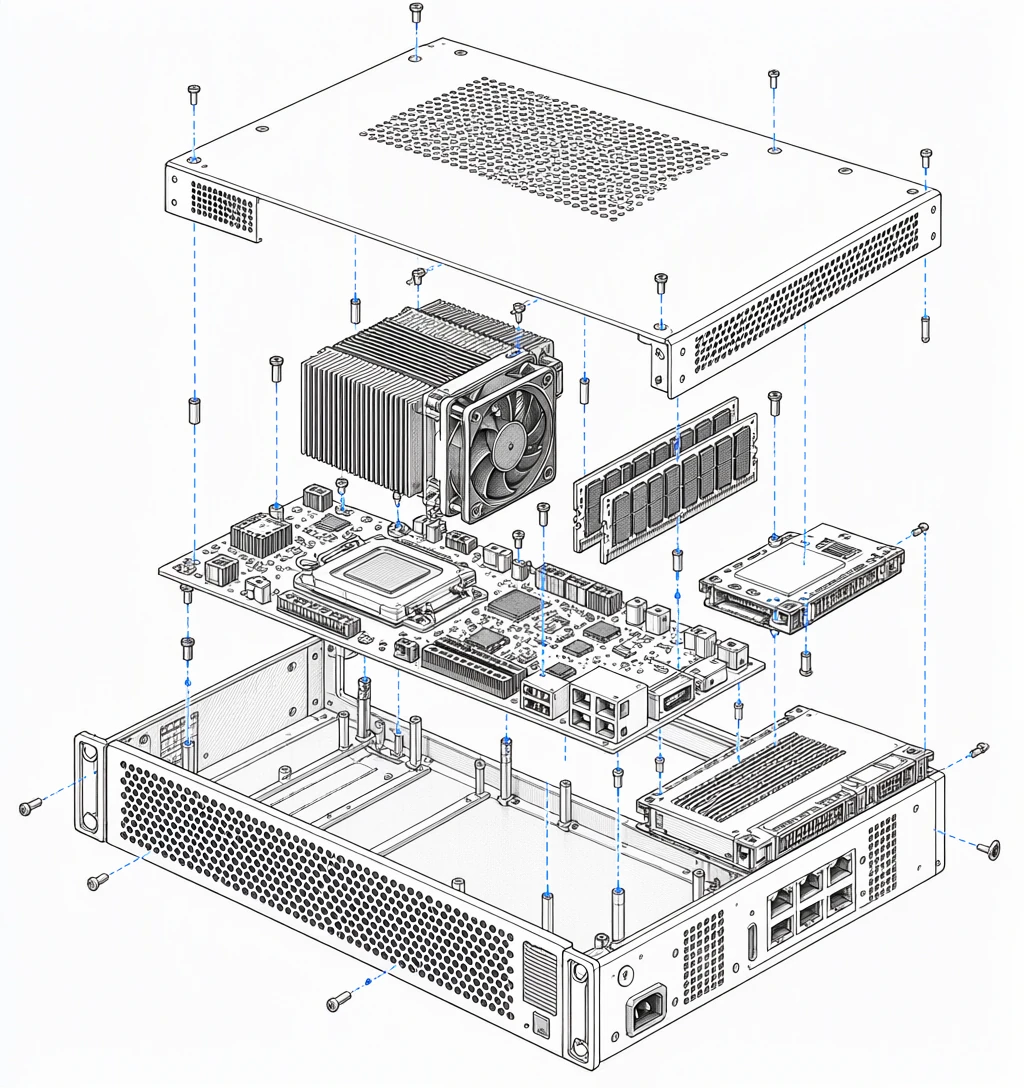 Exploded isometric drawing of the Krates appliance: lid, cooler, memory, board, drive and chassis pulled apart along assembly lines